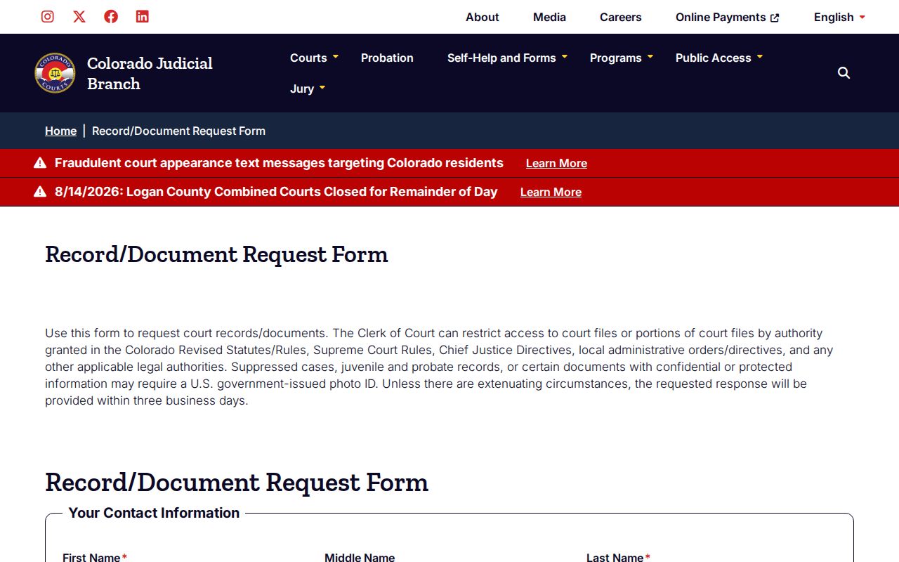 Mineral County court record and document request form