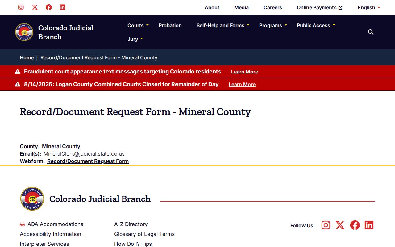 Mineral County court records request landing page