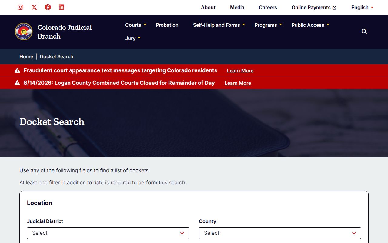 Mineral County court docket search interface
